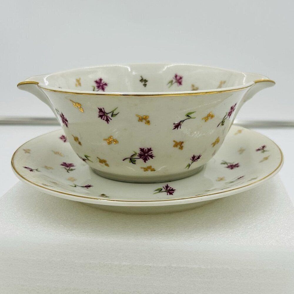 Georges Boyer Limoges Gravy Boat Floral Pattern W/ Attached Plate Gold Trim